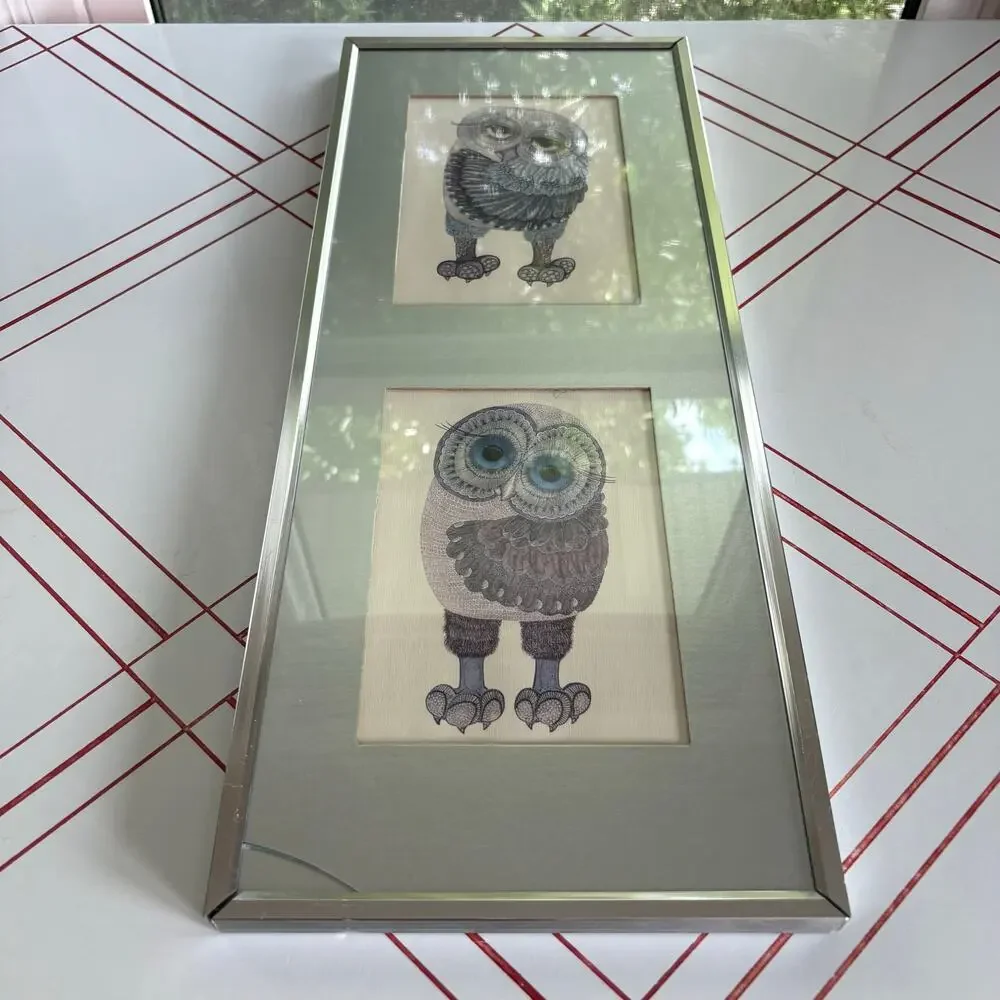 Vintage 1970s Glenn Heath Big Eyes Owl Lithograph Framed